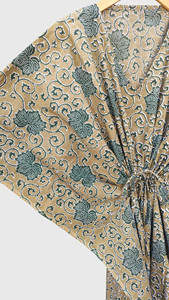 Kimono Vintage Dorado con Estampado Floral para Mujer, Túnica Larga Transpirable de Manga Corta con Cordón, para Playa - Product Image 4