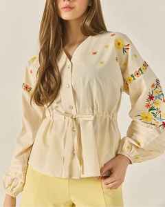 Blusa Vintage para Mujer, Sin Tejido, Bordada con Flores, Manga Larga, Botones al Frente, Cintura con Cordón Ajustable, Top ODM - Product Image 3