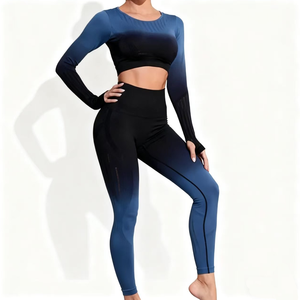 Conjunto de Yoga para Mujer, Diseño a Cuadros, Secado Rápido, Color Degradado, Leggings Largos, Top Corto con Cuello Redondo, Manga Larga, Cintura Alta, 2 Piezas - Product Image 5
