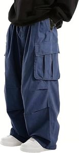 Pantalones Cargo Harem Azules para Hombre, Cintura Elástica, Múltiples Bolsillos, Estilo Urbano, Corte Holgado, Transpirables, de Lona - Product Image 3