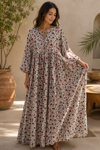Vestido de Fiesta Moderno Bohemio con Estampado Floral, Largo hasta el Suelo, Cuello en V, Manga Larga, Cintura Natural, Corte Acampanado, Lavable, 100% Algodón Tejido Ecológico - Product Image 6