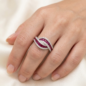 Wholesale 18K White Gold Natural Diamond Wave <b>Ring</b> Princess Cut Real Ruby Channel Set Bypass Multi Row Statement Band Fine Jewel - Product Image 3