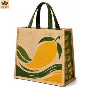 Custom Printed Jute Grocery <b>Bag</b> with Inside PP Lamination Cotton Handles <b>Reusable</b> Wholesale Totes OEM ODM Private Label Exporter - Product Image 1