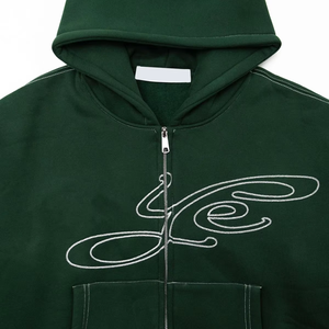 Men's Dark Green Hooded Sweatshirt Oversized Fit Hand Embroidery <b>Back</b> Design Casual Autumn Wear Regular Sleeve Knitted - Product Image 3