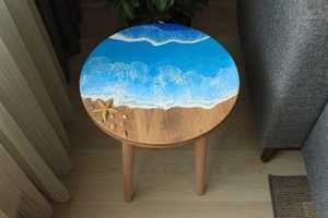 Round Beach Inspired <b>Epoxy</b> <b>Resin</b> Wood <b>Table</b> Handmade Coastal Accent <b>Table</b> Custom Luxury Living Room Furniture - Product Image 2