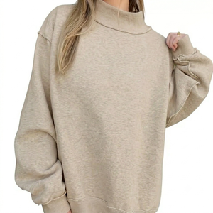 Women's Oversized Mock Neck Sweatshirt Solid Color Drop Shoulder Long Sleeve Knitted Cotton Autumn Casual Wear - Product Image 1