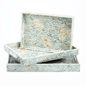 Ensemble de 3 plateaux de service rectangulaires en bois perlé pour table à manger, pour servir les aliments et les boissons, articles pour la maison et les hôtels - Product Image 1