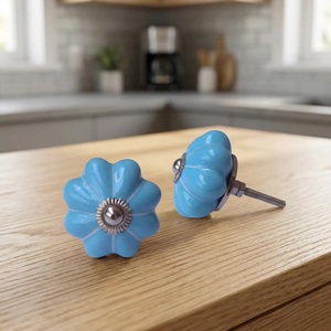 <b>Ceramic</b> Flower <b>Knob</b> Blue Modern Melon Shape Eco-Friendly Cabinet Handle for Kitchen Drawer Wardrobe Door Decorative Furniture - Product Image 3