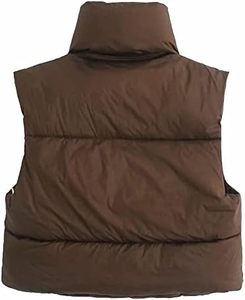 Gilet matelassé ultra-courte marron pour femme, entièrement zippé, col montant, ourlet à cordon de serrage, fabrication OEM - Product Image 2