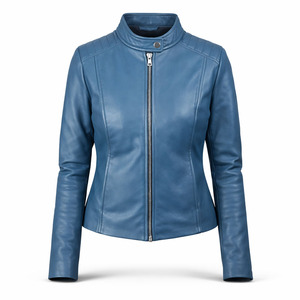 Women Blue Genuine Leather Jacket Slim Fit Turn-down Collar Zip Front Premium Quality OEM ODM Wholesale Supply Eco-Friendly - Product Image 1