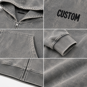 Sweat à capuche zippé gris surdimensionné pour homme, 100 % coton, style streetwear, lavage délavé, personnalisable, vente en gros - Product Image 4