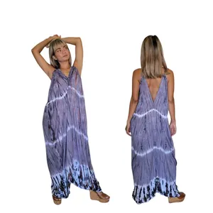 Vestido largo gris tie-dye para mujer, cuello en V profundo, sin mangas, estilo bohemio, vestido largo fluido para resort - Product Image 1