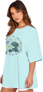 T-shirt décontracté en jersey de coton pour femme, bleu clair à imprimé floral, col rond, manches courtes, coupe ample, idéal printemps-été - Product Image 6
