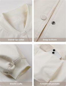 Chaqueta Bomber Corta Blanca con Bolsillos de Parche, Cierre de Botones, Estilo Minimalista, Prenda Exterior de Poliéster Tejido para Otoño - Product Image 2