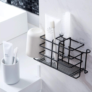 Metcraft Modern Black Metal Wireframe Wall Rack Portable Minimalist Bathroom Stand Holds White Tumbler Toothbrush Wholesale - Product Image 1