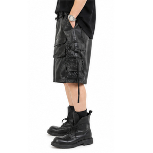 Shorts en similicuir streetwear pour homme, taille élastique, motif uni, logo personnalisé, noir, décontracté, respirant, séchage rapide, taille mi-haute - Product Image 4