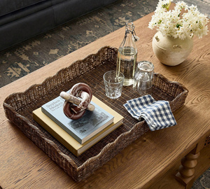 <b>Rustic</b> Touch Functional And Stylish Featuring Raised Sides And Discreet Handles For A Sleek Look Rattan Scallop Serving Tray - Product Image 4