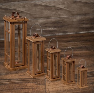 Modern Wooden Candle Lantern with Metal Handle Indoor Outdoor <b>Table</b> Decor for Living Room Wedding - Product Image 1