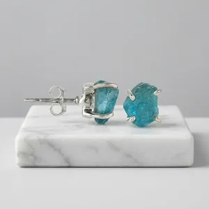 Tranquil Ocean Blue Apatite 925 Sterling Silver Raw Stone Ear Studs Handmade Jewelry Claw Setting Minimalist Everyday Wear - Product Image 4