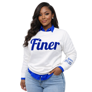 Sudadera de Chenilla Blanca Finer Since 1920 para Mujer, Inspirada en Zeta Phi Beta, con Bordado Azul, Estilo Casual - Product Image 1