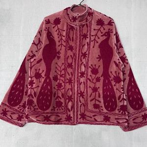 <b>Women</b> Pink <b>Velvet</b> Embroidered Suzani Jacket With Floral And Peacock Pattern Full Sleeve Stand Collar Bohemian <b>Women</b> Autumn <b>Coat</b> - Product Image 1