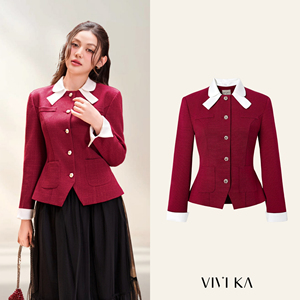 เสื้อเบลเซอร์สีแดงสำหรับผู้หญิง พร้อมปกปีเตอร์แพนสีขาวแบบถอดได้ แขนยาว ปิดด้วยกระดุม สไตล์ออฟฟิศสำหรับฤดูใบไม้ร่วง ยี่ห้อ KIVRA - Product Image 1