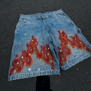 Pantalones cortos de mezclilla holgados estilo streetwear vintage de alta calidad, personalizados con pedrería, para hombre. - Product Image 5