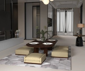 Juego de Comedor de Madera de Estilo Japonés Moderno de Mediados de Siglo, 6 Piezas, Sillas Tapizadas con Respaldo Sólido, Mesa Rectangular, Muebles para el Hogar - Product Image 1