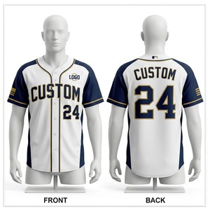 Camiseta de Béisbol Personalizada para Hombre, Blanca, Azul Marino y Dorada, Sublimada, con Botones, Manga Corta, Absorbe la Humedad, Corte Regular, para Adultos - Product Image 1
