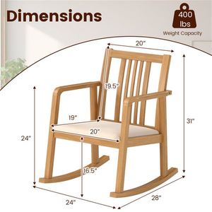 Sillón mecedora de madera maciza de caucho con capacidad de peso de 400 libras y cojín de lino natural para uso en interiores en la sala de estar. - Product Image 4