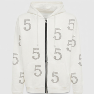 Custom <b>White</b> Zip <b>Hoodie</b> Silver Rhinestone Print <b>Oversized</b> Heavyweight 100% Men's Sweatshirt - Product Image 4