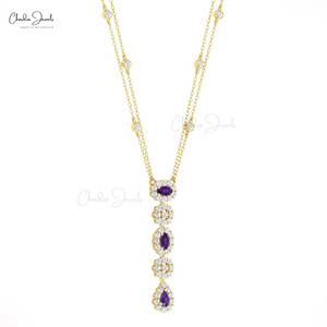 Natural 0.63 Ct Prong Setting Amethyst <b>Necklace</b> with 14k Fine Gold Diamond Halo <b>Statement</b> Chain <b>Necklace</b> from Verified Supplier - Product Image 1
