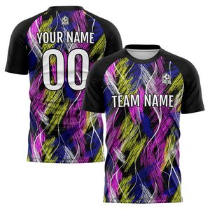 Custom Sublimated Soccer Jersey Black Purple Yellow Pattern Crew <b>Neck</b> Short Sleeve Moisture Wicking Unisex Adult Athletic Wear - Product Image 1