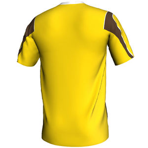 Camiseta Deportiva Corta con Cuello en V Amarillo, Paneles Laterales Marrones Intensos, Ribete en Contraste Blanco, Diseño Dinámico Curvo, 100% Poliéster - Product Image 2