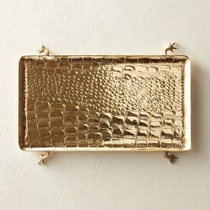 Bandeja Decorativa Rectangular Chapada en Oro con Textura de Cocodrilo y Asas de Estrella, Estilo Glamour de Hollywood para Hogar, Hotel, Restaurante - Product Image 1