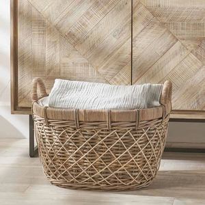 Wide <b>rectangular</b> fine-woven rattan laundry <b>basket</b> with integrated side handles, available at wholesale prices. - Product Image 6