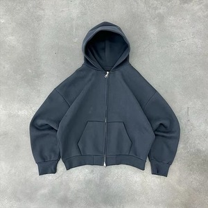 Custom Heavyweight Cotton Drop Shoulder Vintage Washed <b>Men</b> 500 Gsm Boxy Zip up Hoodie Cropped Boxy Double Zipped Hoodies - Product Image 6