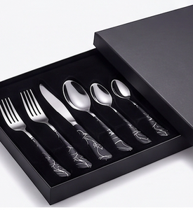 Ensemble de couverts modernes en acier inoxydable avec manche abstrait noir, compatibles lave-vaisselle, pour mariage et réceptions - Product Image 6
