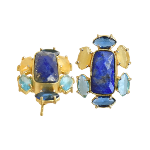 Boucles d'oreilles en laiton plaqué or avec lapis-lazuli, clous d'oreilles floraux imposants, lot en gros - Product Image 5