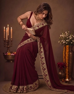 KV Women's Printed Bollywood for Blend Chiffon Border <b>Saree</b> (<b>Maroon</b>) Reversible Quick Dry Wrinkle Free - Product Image 4