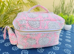 Pink Floral Cotton Quilted Cosmetic Bag With Zipper Closure Soft Handle Medium Size Bohemian Style Portable <b>Vanity</b> <b>Case</b> - Product Image 2