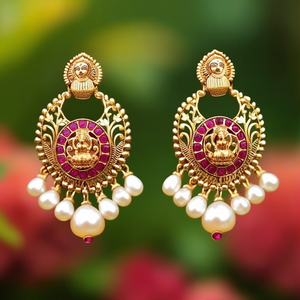 Laxmi Rose Gold Drop Earrings with Freshwater Pearls and Ruby - Product Image 3
