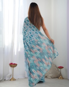 Elegante Saree Tradicional de Chinnon con Borde de Encaje de Espejo de Secado Rápido para Mujer, Saree Indio para Fiestas, Colección para Todas las Temporadas - Product Image 3