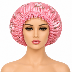Bonnet de nuit en satin rose à motifs floraux pour femme, ajustable, élastique, pour usage domestique, 54-56 cm, style tendance - Product Image 1