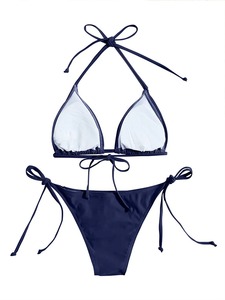 Ensemble bikini femme taille haute couleur unie avec soutien-gorge triangle rembourré amovible en tissu côtelé extensible et décolleté plongeant en V push-up - Product Image 2