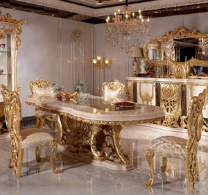 ชุดโต๊ะรับประทานอาหารรูปวงรีไม้สักทองคำหรูหราสไตล์ยุโรปคลาสสิก แกะสลักอย่างประณีต เป็นมิตรกับสิ่งแวดล้อม เหมาะสำหรับโรงแรม ผลิตในอินโดนีเซีย - Product Image 1