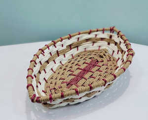 Small oval woven <b>basket</b> with natural fiber and decorative pattern Rustic handwoven <b>table</b> <b>basket</b> for storage - Product Image 1