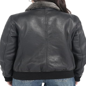 Chaqueta Bomber de Cuero Genuino para Mujer con Ribete de Piel, Abrigo de Invierno Cortavientos, Manga Larga, Color Sólido, Material Grueso - Product Image 2