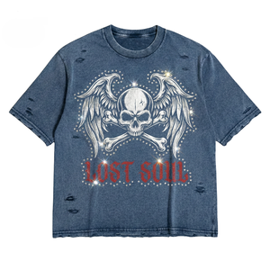 เสื้อยืดโอเวอร์ไซส์ทรงบ็อกซี่ แต่งกราฟิก ปักเพชร ดีไซน์วินเทจ ขาดๆ แบบดิสเทรส ผ้าหนา สำหรับผู้ชาย - Product Image 1