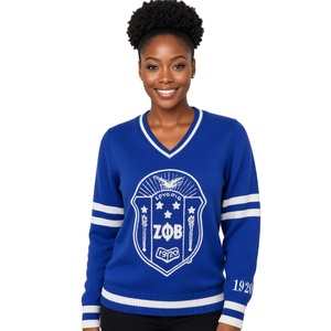 Pull en chenille Zeta Phi Beta pour femme, bleu roi, col en V, motif bouclier, manches à rayures blanches, style 1920, haut de sororité - Product Image 1